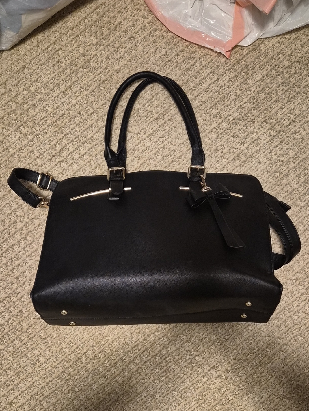 Black Structured Satchel Handbag with Bow Accent